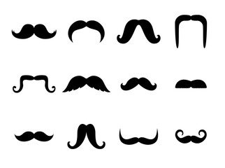 Set of mustaches black silhouettes isolated on white background. Collection of men's mustaches icons. Vector illustration