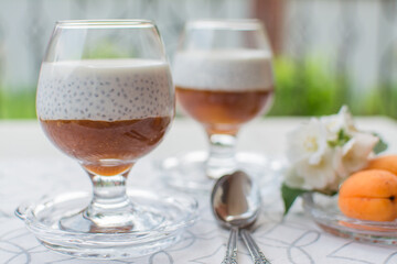 Chia Pudding. Healthy food made from chia seeds and vegetable milk with fresh fruit puree.
