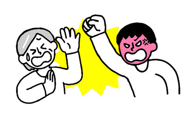 殴りかかる私服男性と暴力を受けるシニア女性（シンプル）