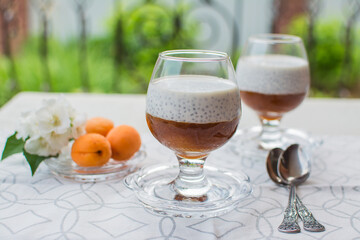 Chia Pudding. Healthy food made from chia seeds and vegetable milk with fresh fruit puree.