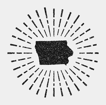 Vintage Map Of Iowa. Grunge Sunburst Around The Us State. Black Iowa Shape With Sun Rays On White Background. Vector Illustration.