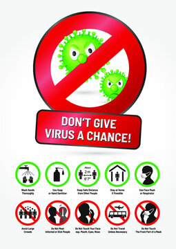 COVID-19 Coronavirus Awareness Poster Or Leaflet: Don't Give Virus A Chance - Set Of Safety Measures And Precautions Warning Signs. What To Do Infographics. With Vector Cartoon Virus Characters