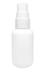 White spray bottle with shadow isolated on white background. Bottle with cap on