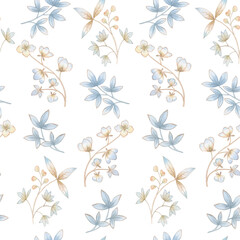 Seamless botanical pattern painted in watercolor on a white background. Delicate ornament of flowers and leaves for wallpaper and wrapping paper.