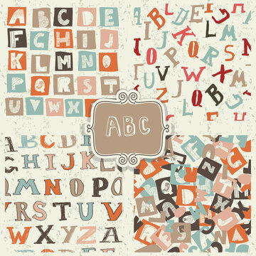 Set of funky retro alphabets in vector. Collection seamless patterns with funky letters