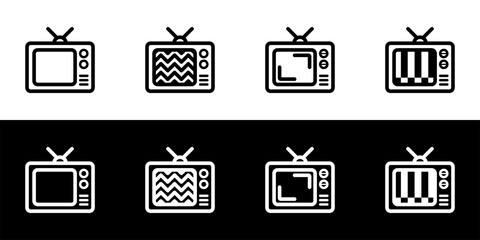 Television icon set. Flat design icon collection isolated on black and white background. Classic television no signal.