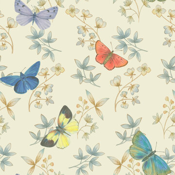 Seamless botanical pattern painted in watercolor. Colorful butterflies on a background of an ornament of flowers and leaves for wallpaper and wrapping paper.
