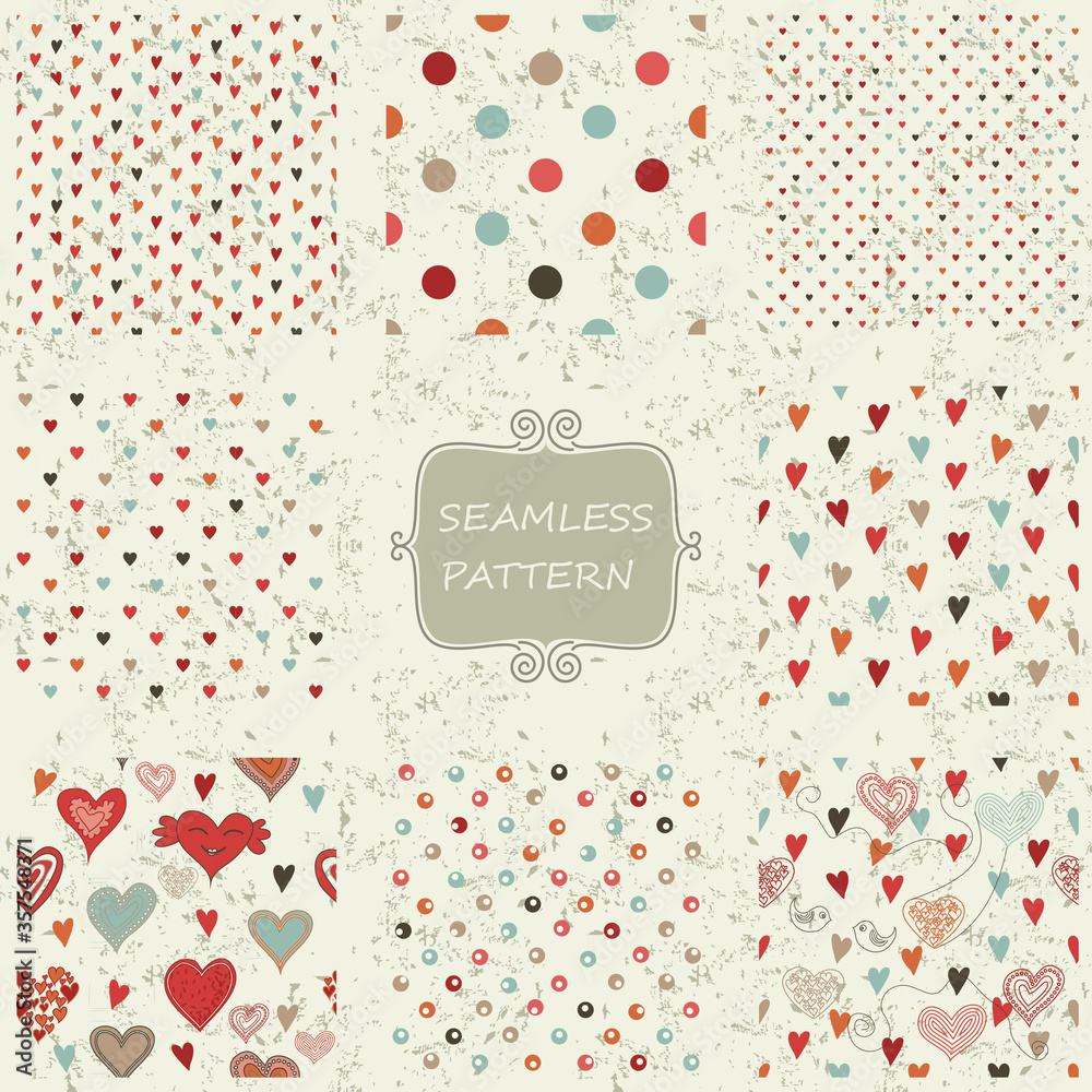 Poster Set of 8 retro abstract seamless patterns with colorful hearts on shabby background. Vector illustration