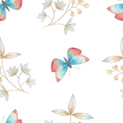 Fototapeta na wymiar Watercolor butterflies and leaves. Seamless botanical pattern painted in watercolor on a white background. Delicate ornament of butterflies and leaves for wallpaper and wrapping paper.