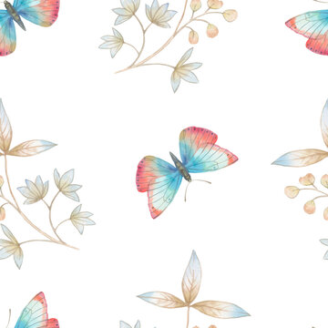Watercolor butterflies and leaves. Seamless botanical pattern painted in watercolor on a white background. Delicate ornament of butterflies and leaves for wallpaper and wrapping paper.