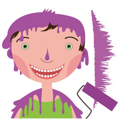 The guy is all smeared with purple paint, next to it is a paint roller