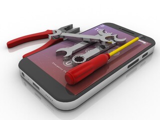 3d rendering mobile phone in screwdriver and screw 