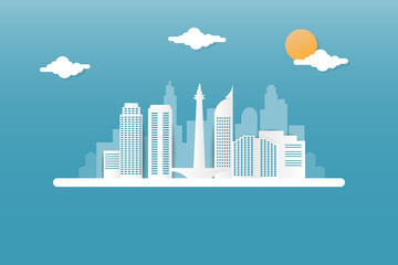 Indonesia Cityscape - Flying Jakarta City skyline using paper cut design, with cloud and sun element.