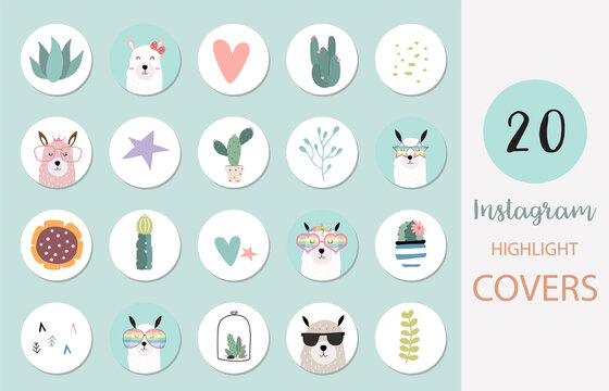 Icon Of Instagram Highlight Cover With Llama, Cactus, Heart For Social Media