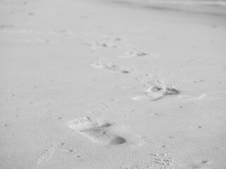 close up footprint on sand at the beach background