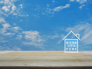 Work from home flat icon on wooden table over blue sky with white clouds, Business social distancing online concept