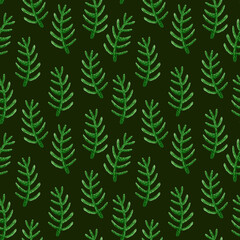 Watercolor green branch seamless pattern on green background.