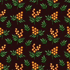 Watercolor seamless pattern of mimosa branches on a brown background.