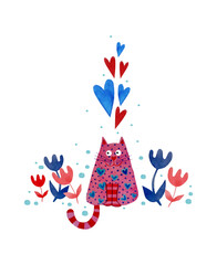 Watercolor decorative composition of a pink cat and flowers on a white background.