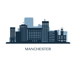 Manchester skyline, monochrome silhouette. Vector illustration.