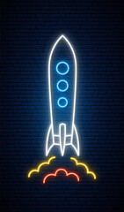 Neon Rocket sign. Bright glowing spaceship icon on dark brick background. Vector illustration.