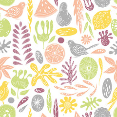 Summer seamless pattern with hand drawn doodle flowers, fruits and birds.  Vector  illustration.