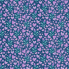 Watercolor seamless pattern of violets, branches, hearts on a blue background.