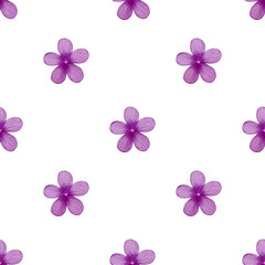 Watercolor seamless pattern of decorative violet flowers on a white background.