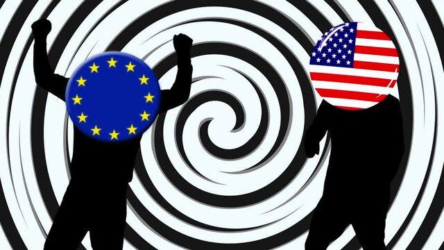 踊るEUとアメリカの丸い国旗