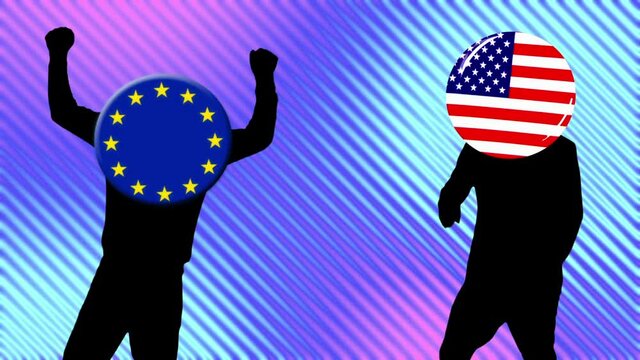 踊るEUとアメリカの丸い国旗