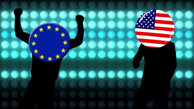 踊るEUとアメリカの丸い国旗