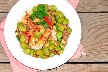 Deep fried prawns with Bitter bean shrimp paste local delicious from southern Thailand/ flat lay
