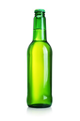 Beer bottle with without label isolated on white background.
