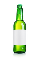 Green beer bottle with clean label isolated on white.