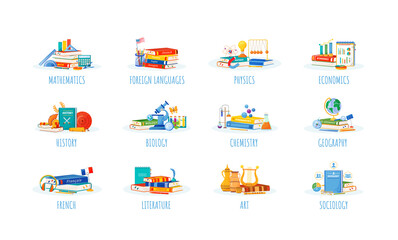 School subjects flat concept vector illustrations set