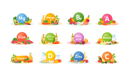 Products rich of vitamins, minerals for health cartoon vector illustrations set