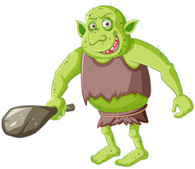 Green goblin or troll holding hunting tool in cartoon character isolated