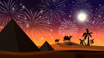 Desert with celebration fireworks scene