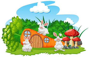 Carrot house with three mouses cartoon style on white background