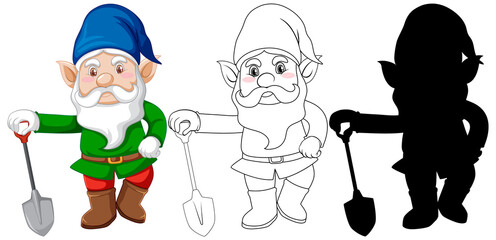 Gnome with shovel in color and outline and silhouette in cartoon character on white background