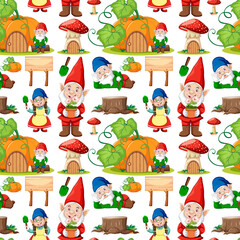 Seamless gnome and pumpkin house in cartoon style