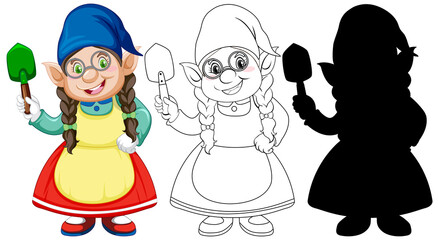 Gnome holding shovel in color and outline and silhouette in cartoon character on white background