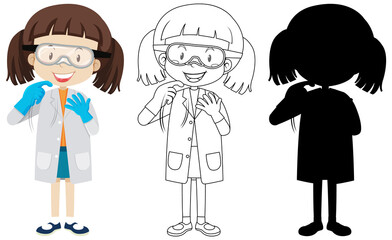 Cute chemist girl with its silhouette and outline