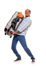 Full portrait of happy man holding suitcase with all necessary clothes for travel