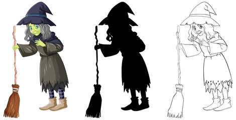 Witch with broomstick in color and outline and silhouette cartoon character isolated on white background
