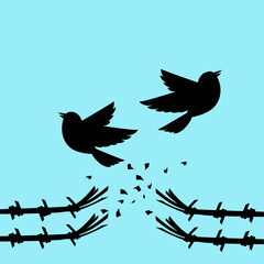 birds flying over broken barbed wire Freedom concept Vector illustration.