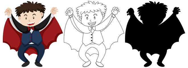 Boy wearing dracular costume with its outline and silhouette
