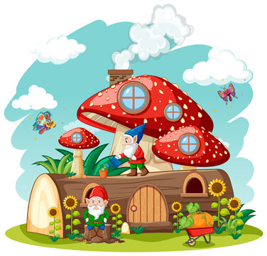 Gnomes and timber mushroom house and in the garden cartoon style on garden background