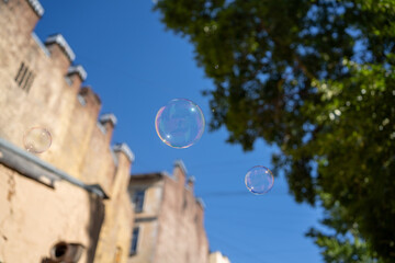 Soap bubbles in the air fly against the background of the sky and green trees