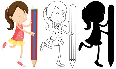 Girl holding pencil with its outline and silhouette